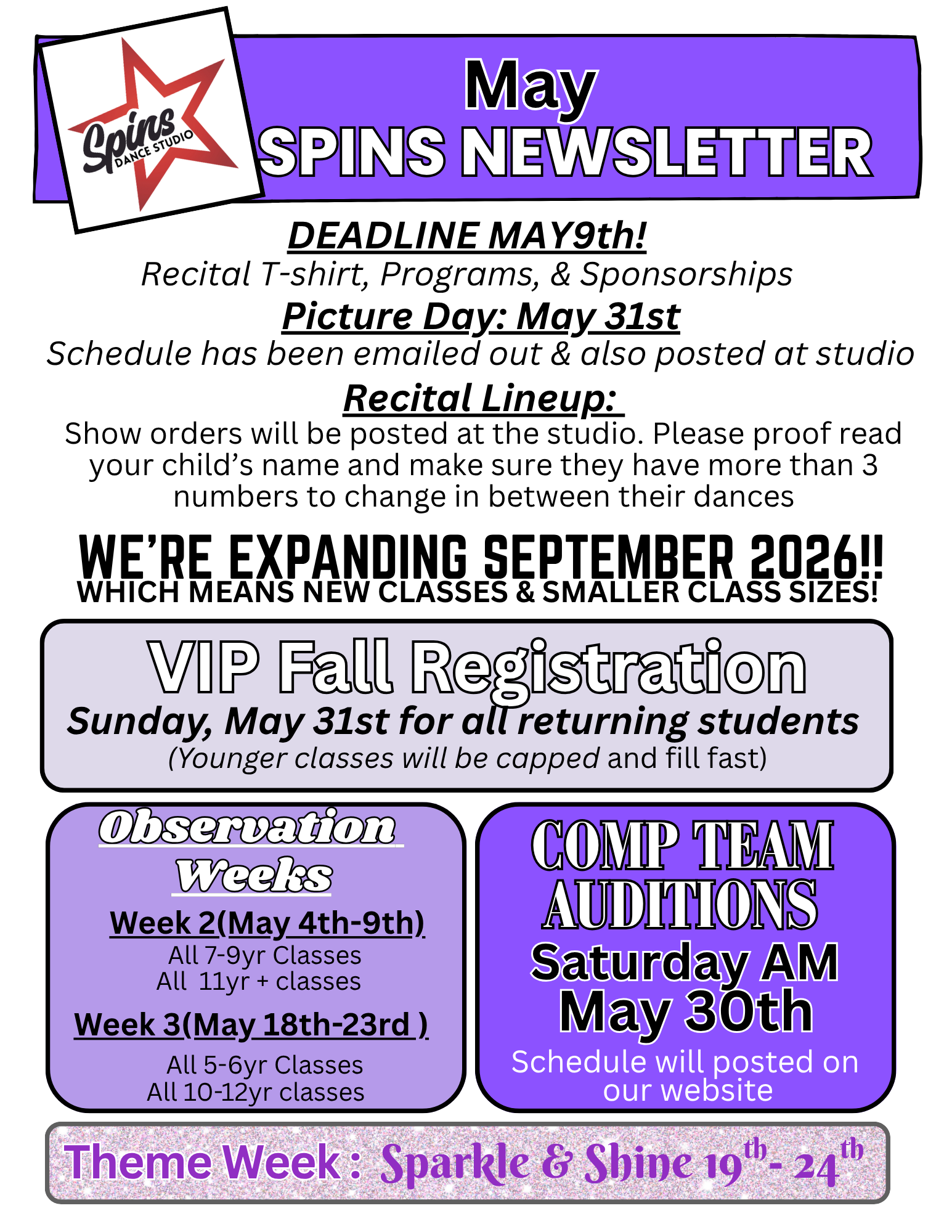 Purple May newsletter flyer with deadlines, studio closures, VIP fall registration, observation week, and camp team auditions dates