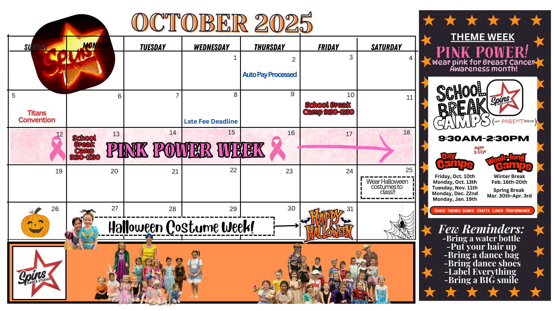 October 2025 calendar with pink ribbon, Halloween costume walk, and school break camp info. October 2025 calendar with pink ribbon, Halloween costume walk, and school break camp info.