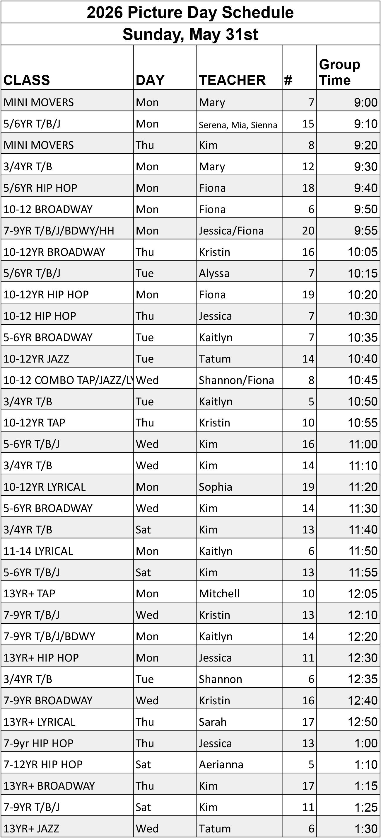 2026 Picture Day Schedule