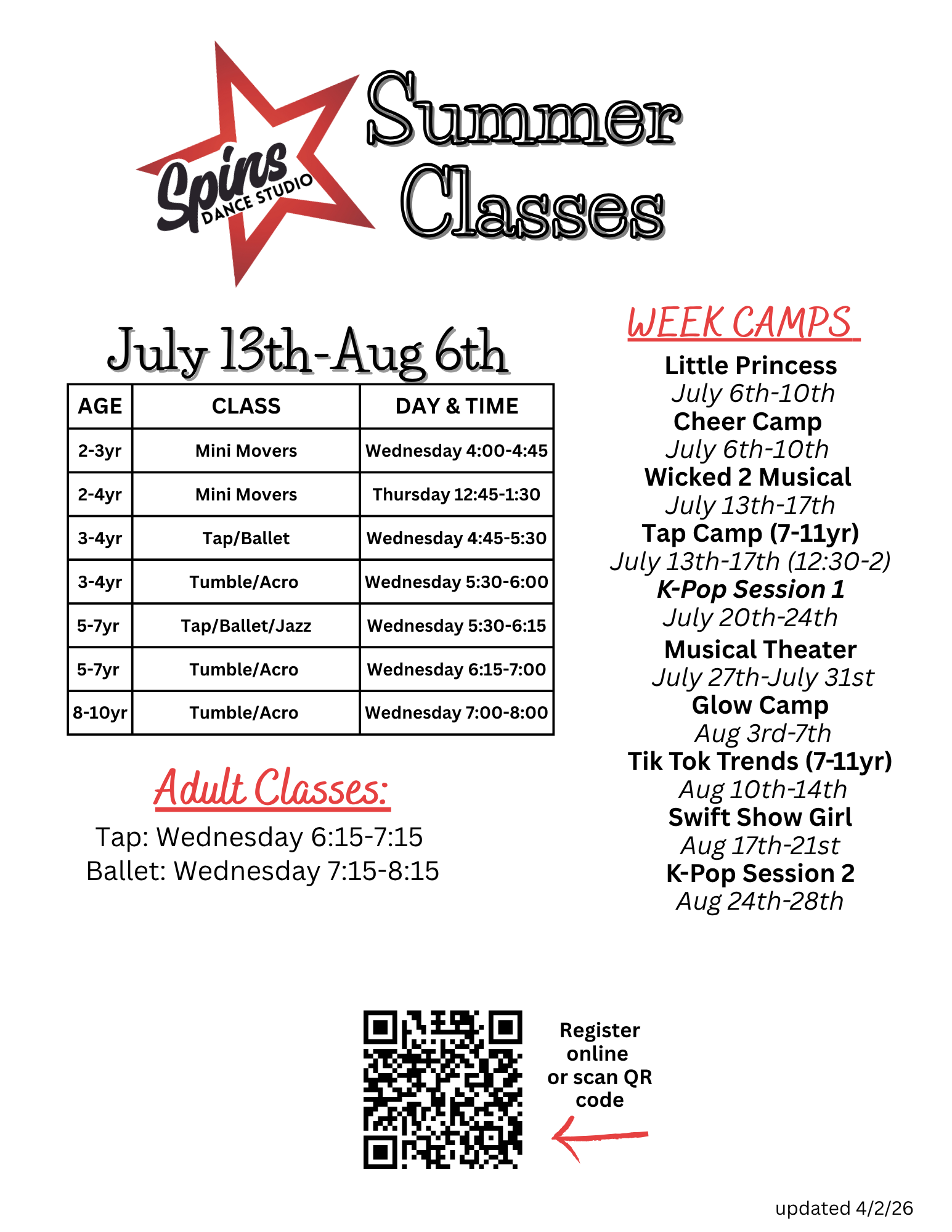 Flyer for Spins dance studio summer classes and camps with dates, times, and a registration QR code.