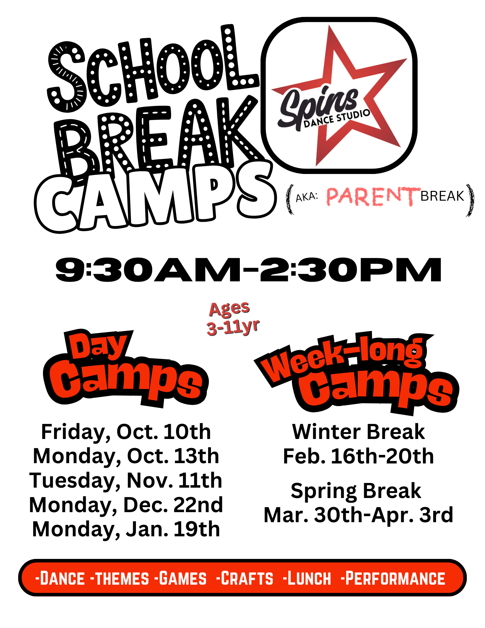 A poster for summer camps at spins dance studio