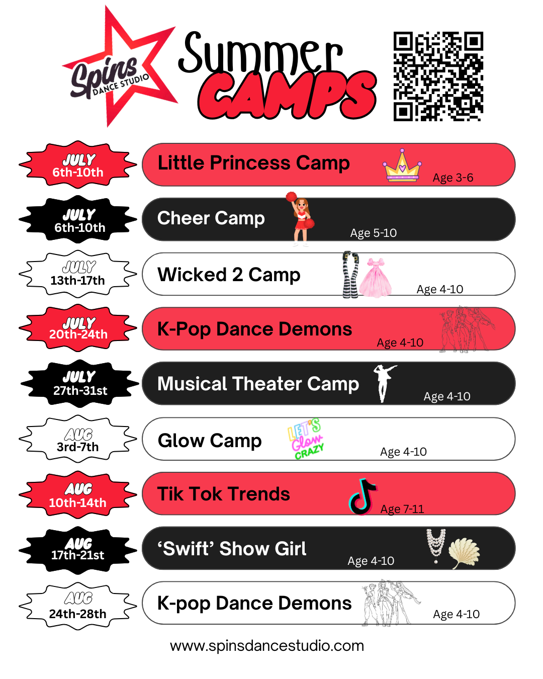 Summer camp flyer with camp names, dates, and ages.