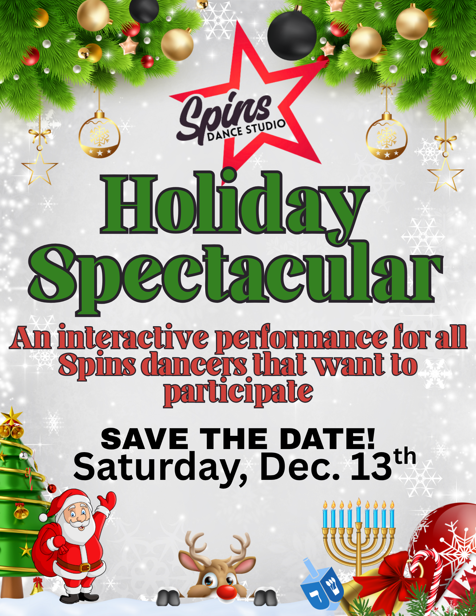 Holiday Spectacular event flyer. Festive decorations with text: