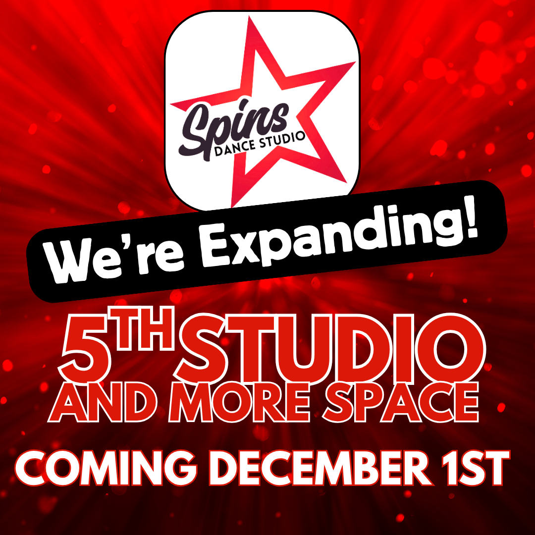 Announcement for Spins Dance Studio's 5th studio opening. Red background with logo and text: