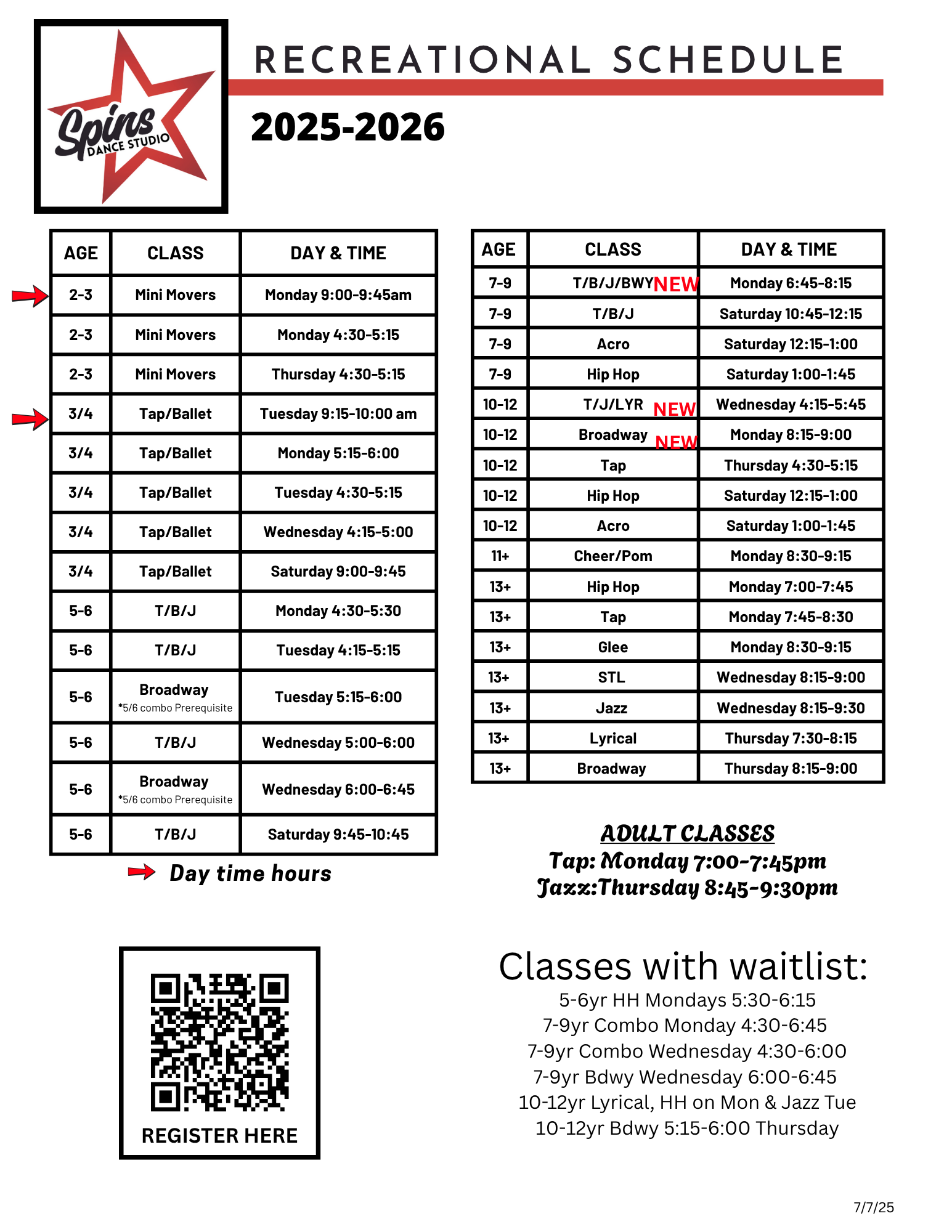 It is a recreational schedule for the year 2025-2026.