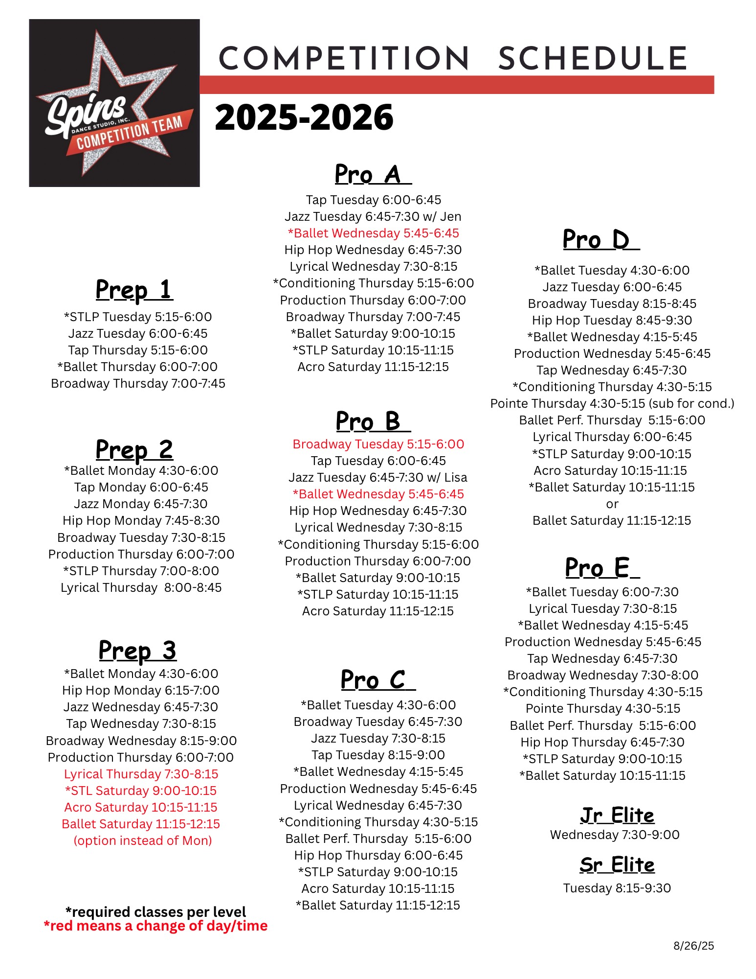 Competition schedule for Spine for the 2025-2026 season. Includes several prep and pro categories.