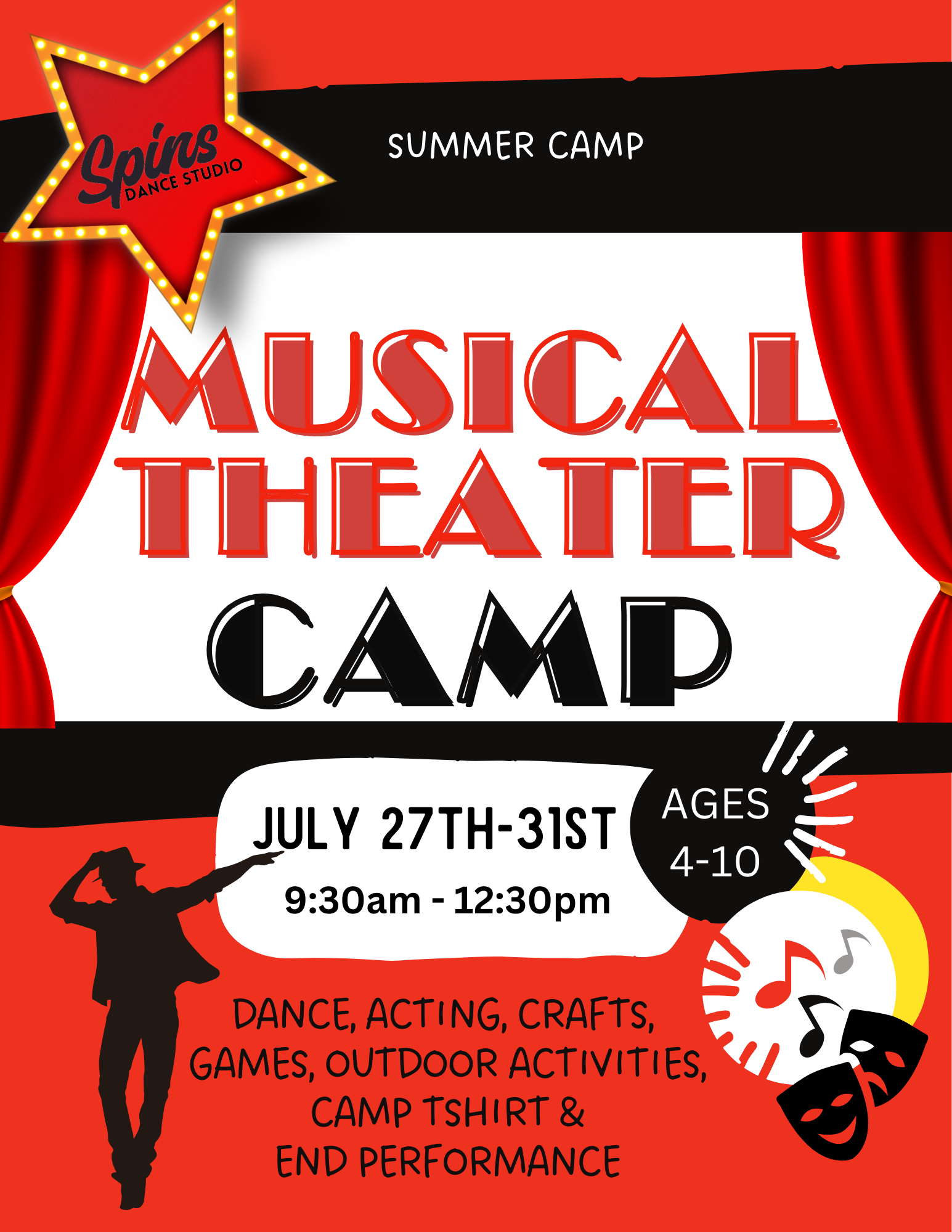 Musical theater summer camp flyer with red and black design; dates July 27-31 for ages 4-10, with activities listed.
