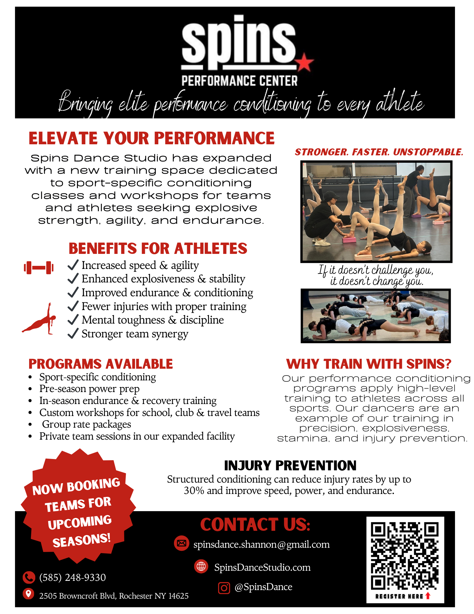 Flyer for Spins Performance Center. Offers sport-specific conditioning for athletes. Includes benefits, programs, and contact information.