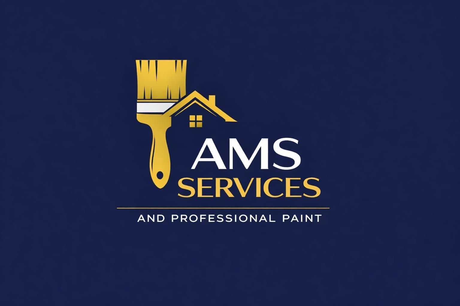 Logo for AMS Services, a painting company. Gold paintbrush over a house icon. Navy blue background.
