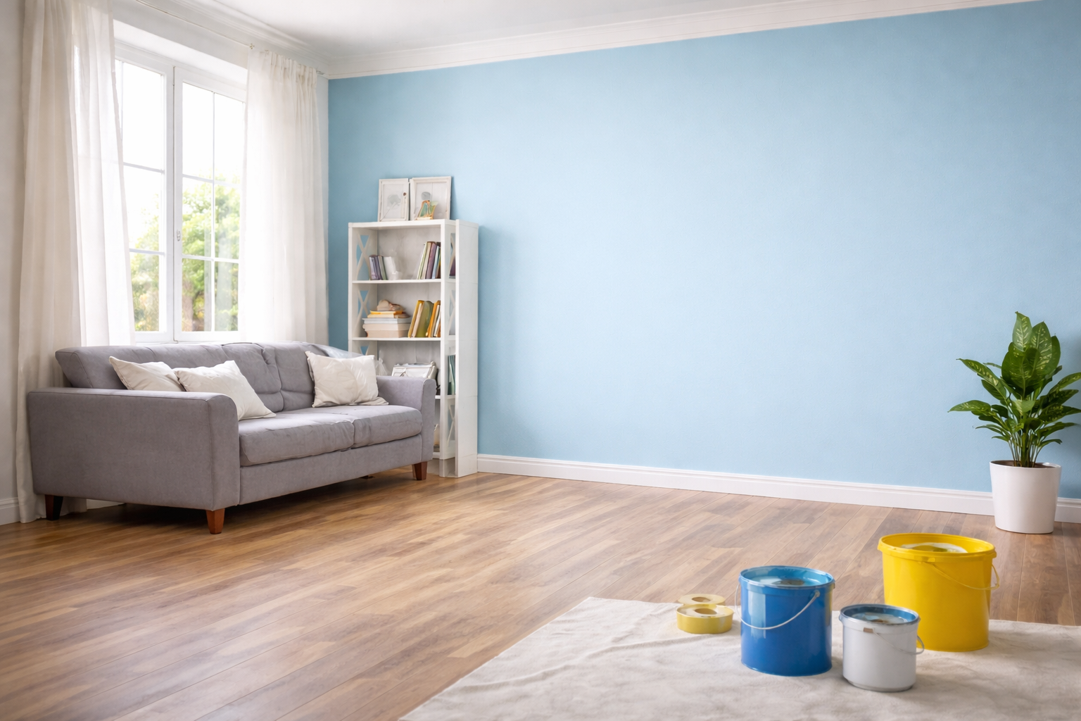 Room with blue walls, sofa, bookcase, and paint buckets on floor.