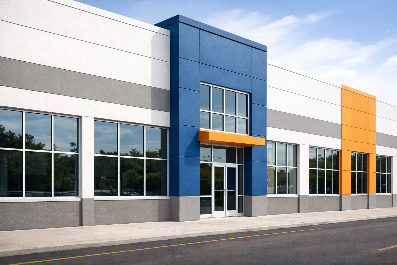 Modern commercial building with large windows and blue and orange accents.