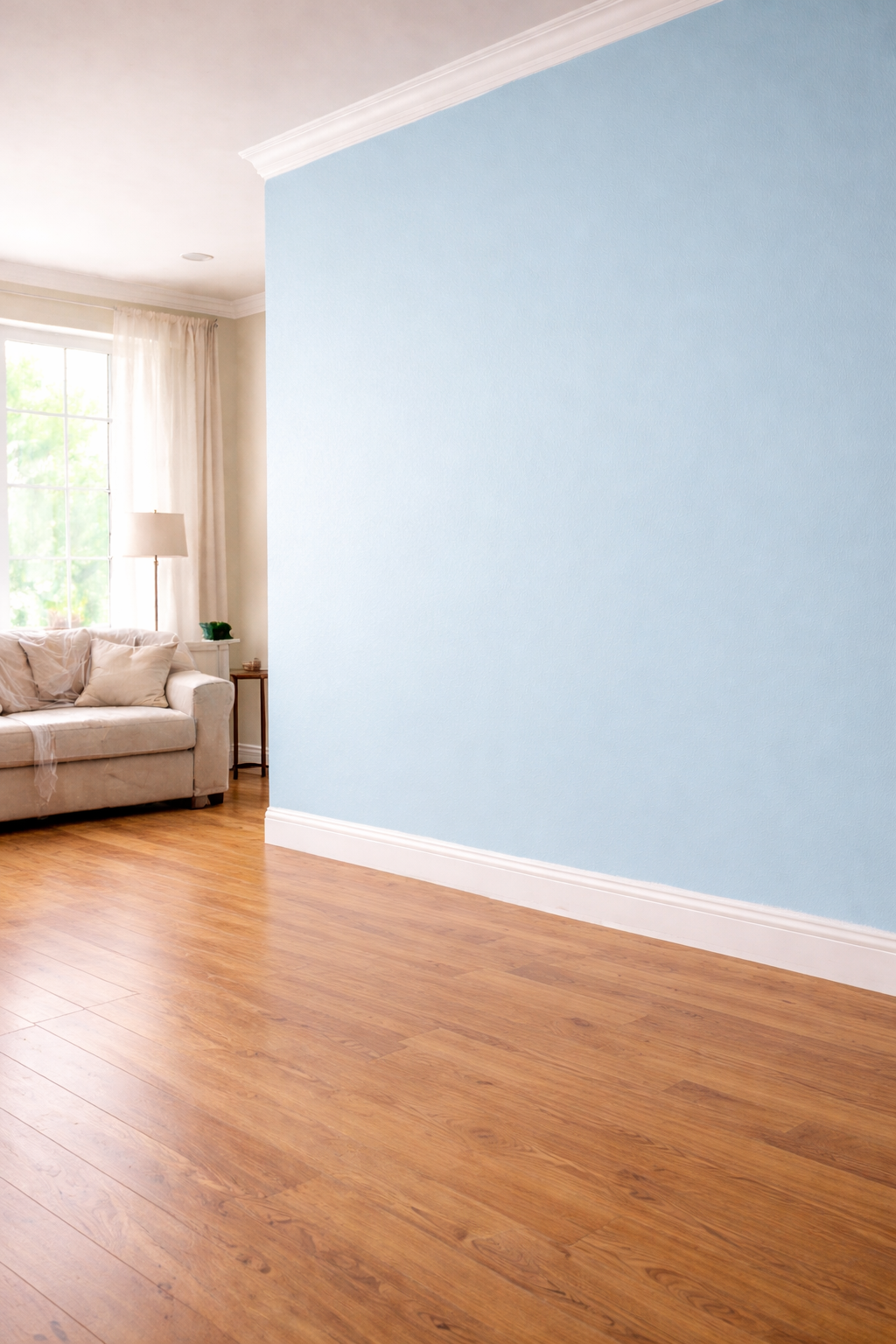 Empty living room with wood floor, pale blue wall, and neutral-colored sofa near a window.