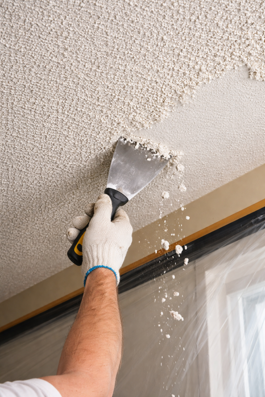 Person scraping popcorn ceiling with a metal scraper, debris falling.