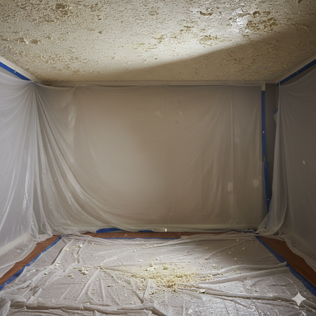 Room sealed with plastic sheeting for ceiling remediation. Ceiling and floor show debris.