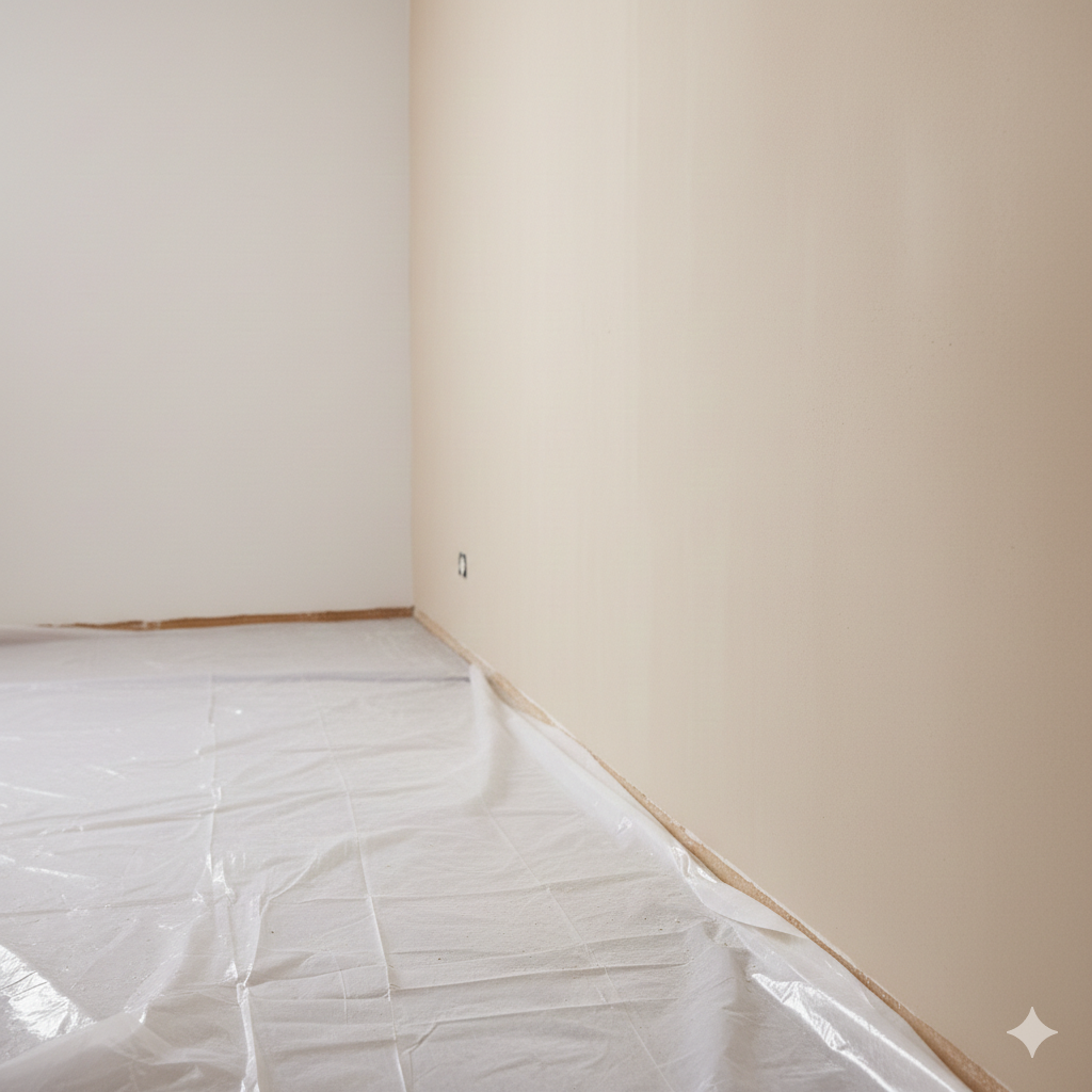 Empty room with tan walls, plastic floor covering, and baseboards.