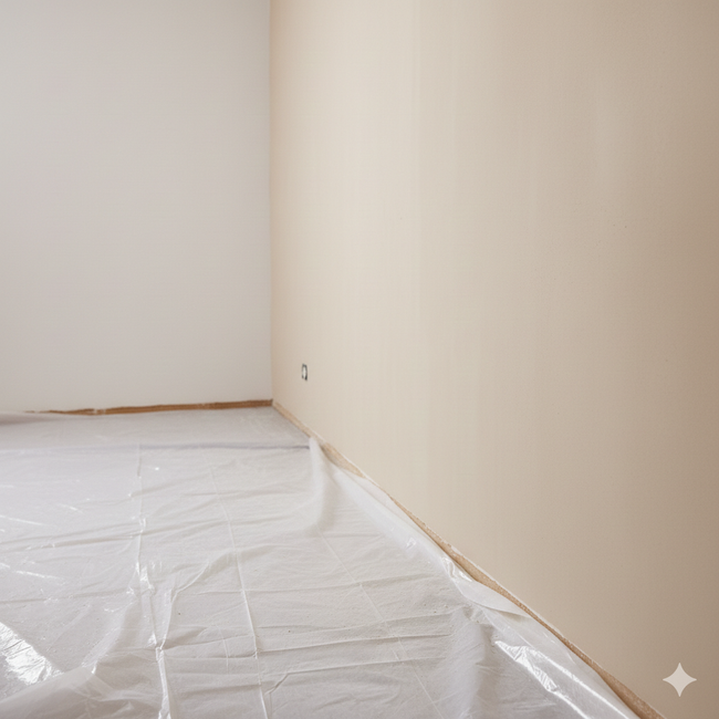 Empty room with tan walls, plastic floor covering, and baseboards.
