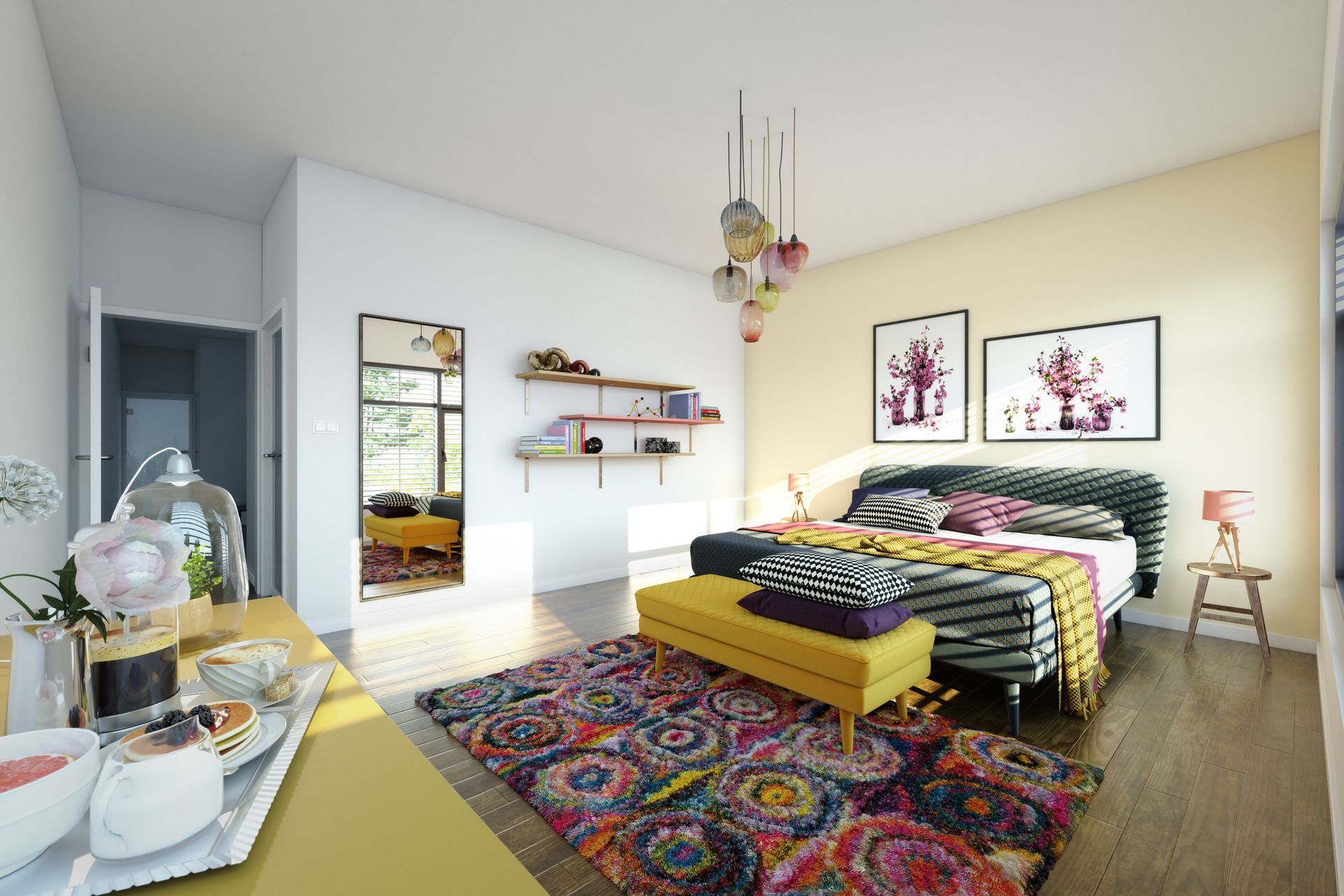 A bedroom with a large bed and a colorful rug