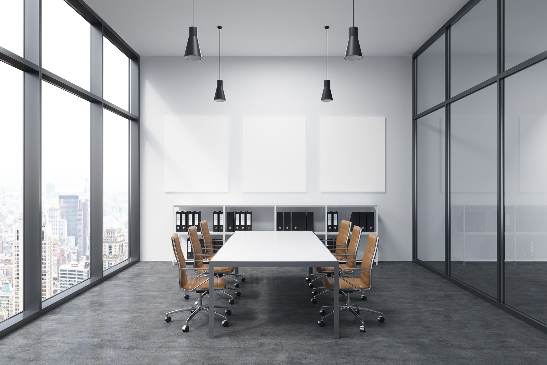 A conference room with a long table and chairs and a lot of windows.