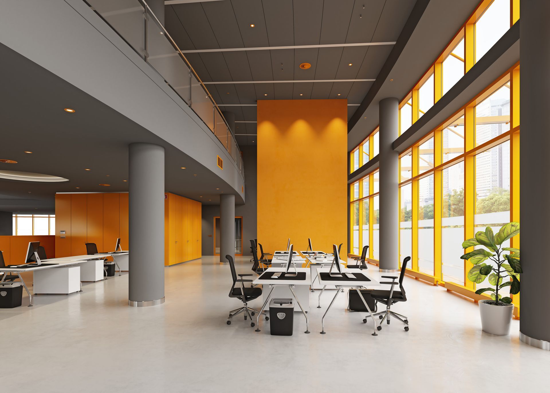 An office with a lot of windows and yellow walls