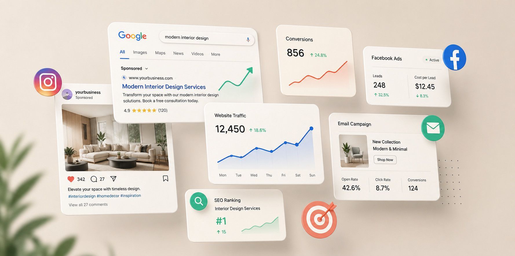 Social media analytics dashboard with charts, cards, and platform icons on a beige background
