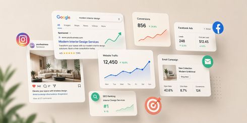 Social media analytics dashboard with charts, cards, and platform icons on a beige background