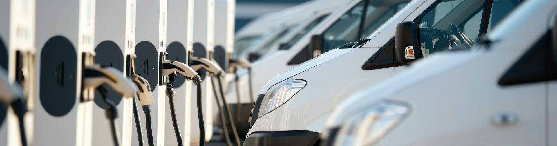 Electric vehicle charging stations with white vans parked next to them.
