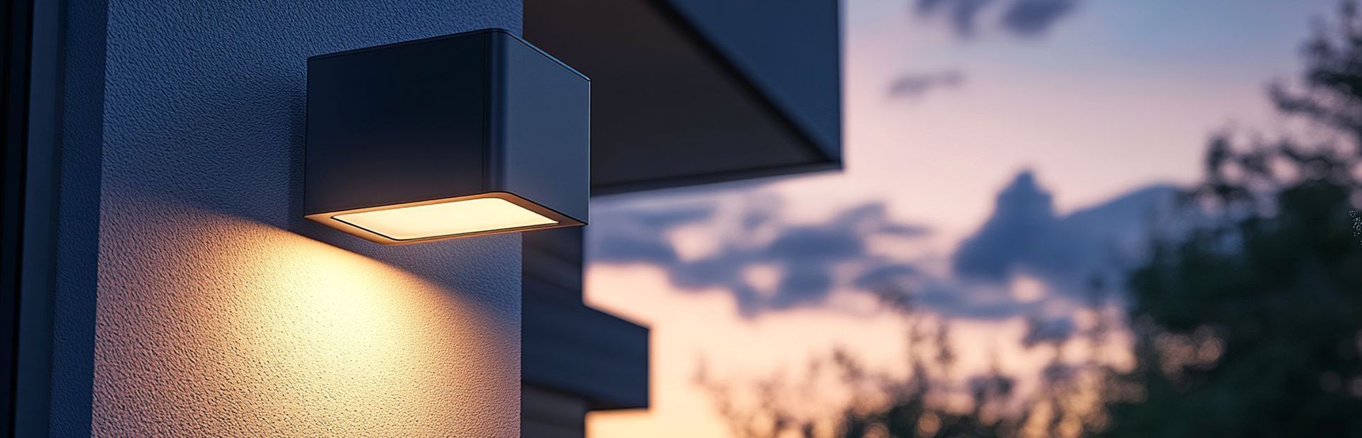 A lit outdoor wall lamp illuminating the textured wall beneath it. The background features a cloudy sky and trees.
