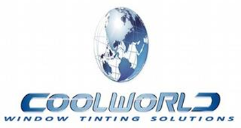 Logo for Coolworld Window Tinting Solutions featuring a blue globe graphic above the company name in bold blue text.