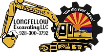 Logo for Longfellow Excavating LLC: Yellow excavator with Arizona flag, "We dig your ideas" text and phone number.