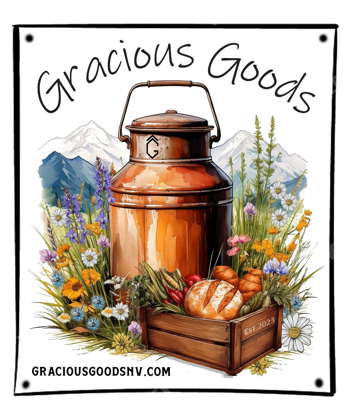 Woman at a farm stand, holding baskets of produce, smiling. 