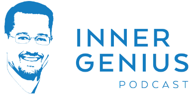 a logo for inner genius podcast with a picture of a man 's face