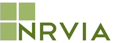 A green and white logo for nrvia on a white background