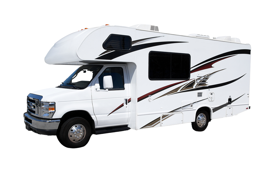 A white rv is parked on a white background.