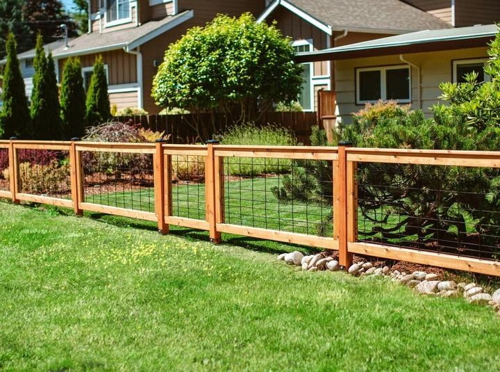 Wooden fence with wire mesh panels, in a grassy yard, houses in the background.