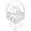 Logo for S&H Lawn & Landscape LLC., with a house over a field within a shield shape, and the company name.