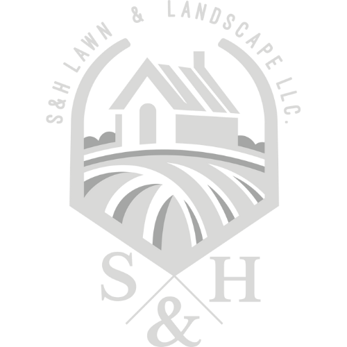 Logo for S&H Lawn & Landscape LLC., with a house over a field within a shield shape, and the company name.