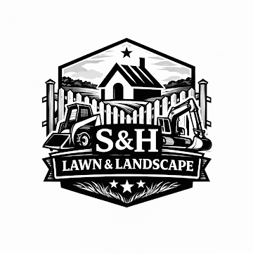 Logo for S&H Lawn & Landscape LLC., with a house over a field within a shield shape, and the company name.