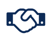 A dark blue icon of two hands shaking, symbolizing agreement or partnership.