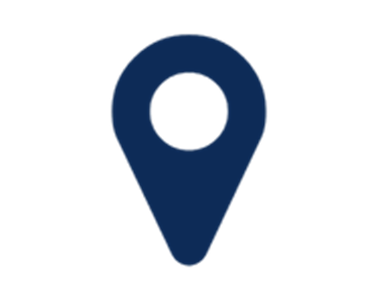 A dark blue map location pin icon on a white background.