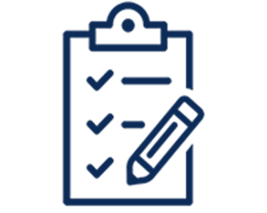 A dark blue icon of a clipboard with three checkmarks and a pencil resting on the bottom right.