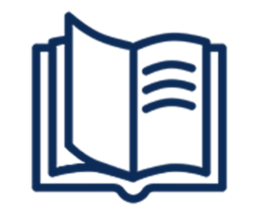 A dark blue line icon of an open book with visible pages on the right side.