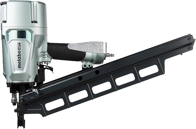 Silver Metabo pneumatic nailer with a black magazine.