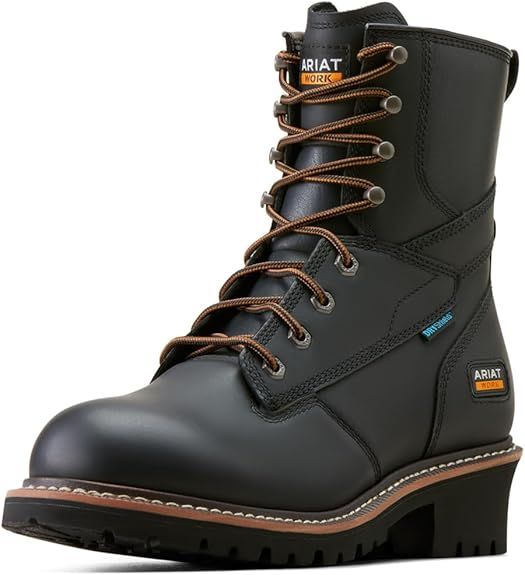A pair of black work boots with brown laces on a white background.