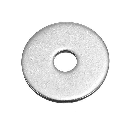 A stainless steel washer with a hole in the middle on a white background.