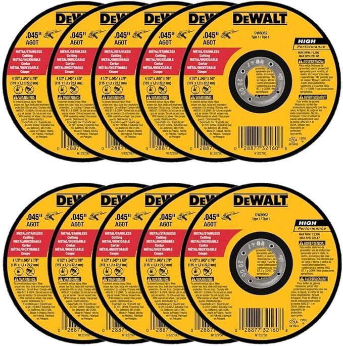 Ten yellow and black Dewalt metal cutting wheels.