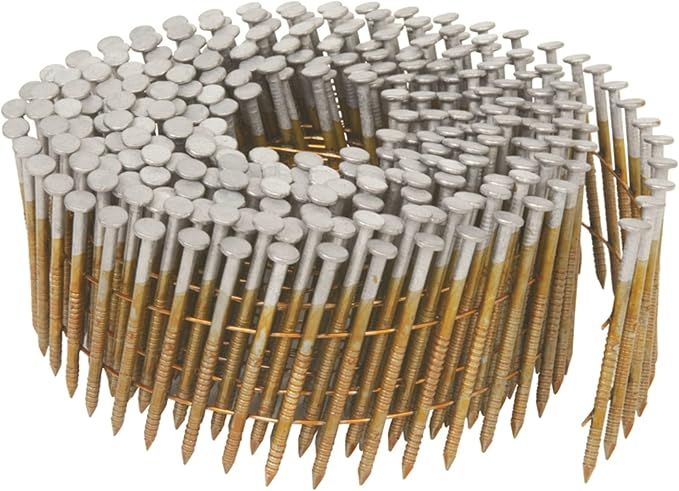 A close up of a coil of nails on a white background