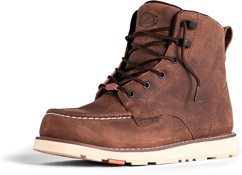 A pair of brown leather boots with white soles on a white background.