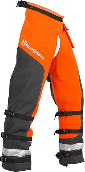 A pair of orange and gray husqvarna chaps on a white background.