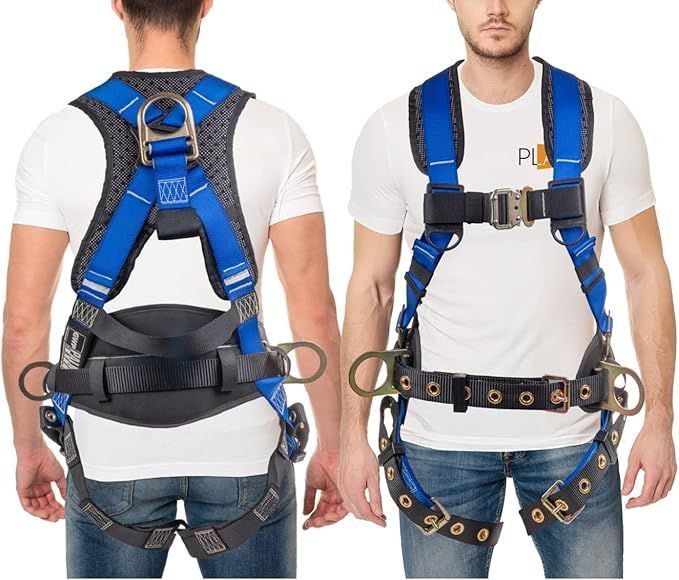 A man wearing a blue and black safety harness