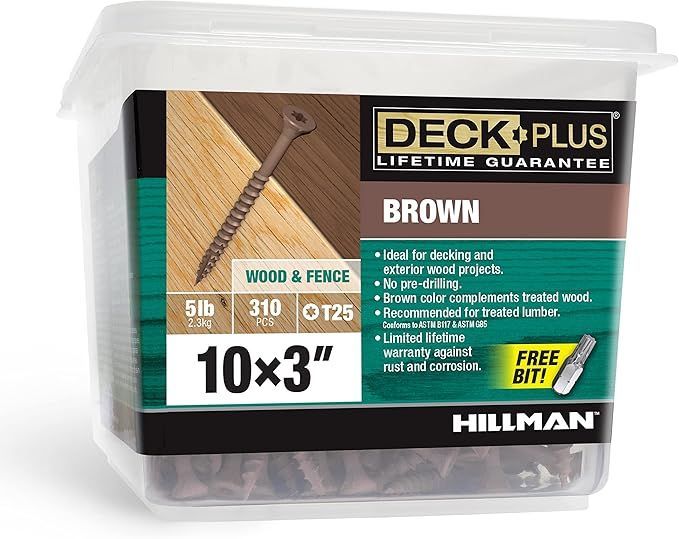 A box of brown deck plus screws with a lifetime guarantee